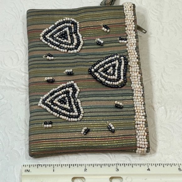 Handmade Beaded Hearts Striped Metallic Fabric Purse Pouch Bag 5.5"x3.75" - Picture 4 of 7
